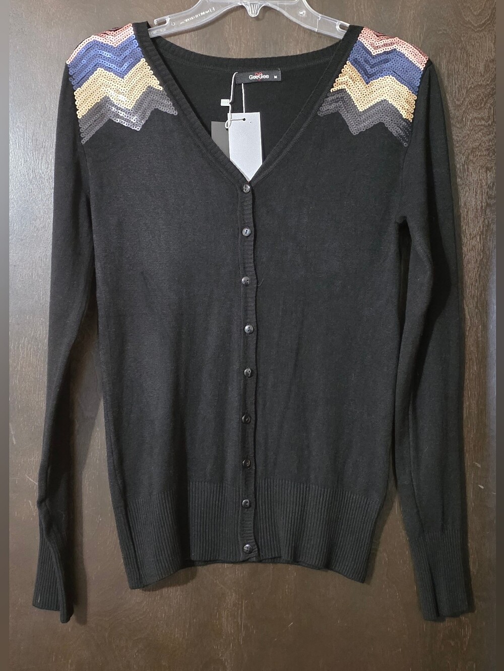 GeeGee Black V-Neck Button Cardigan Multicolor Sequin Chevron Shoulders Size M